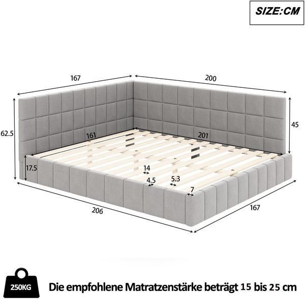 Polster-Tagesbett 160×200 cm mit Lattenrost, Rückenlehne und Armlehne, Grau, ohne Matratze Bild 5