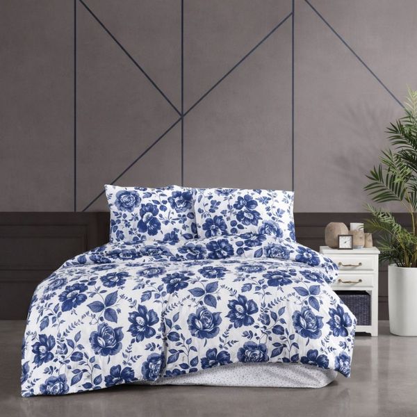 ZIRVEHOME Bettwäsche Baumwolle BettbezugWeiß Blau Floral Blumenmuster Blaue Harmonie, Renforce, 3 teilig, 200x220 Baumwolle Bettbezug Weiß Blau Floral Blumenmuster