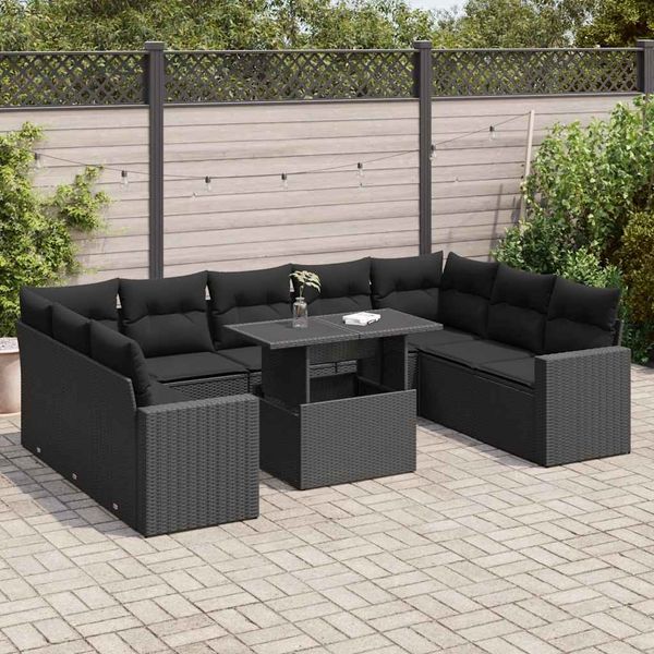 vidaXL 10-tlg. Garten-Sofagarnitur mit Kissen Schwarz Poly Rattan 3326376