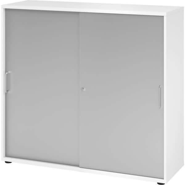 Büroschrank Aktenschrank Schiebetürenschrank, Weiß/Silber, Metallgriff, 110 x 40 x 120 cm