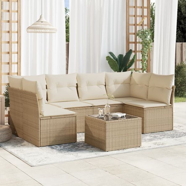 vidaXL 7-tlg. Garten-Sofagarnitur mit Kissen Beige Poly Rattan 3217398