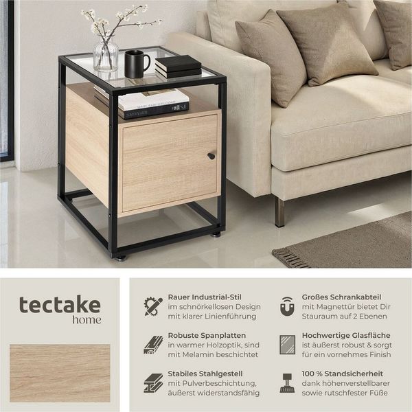 tectake Nachttisch Beistelltisch Dudley 40x43x60,5cm (1-St, 1 tlg), Kantiger Nachttisch mit Glasoberfläche im trendigen Industrial Style