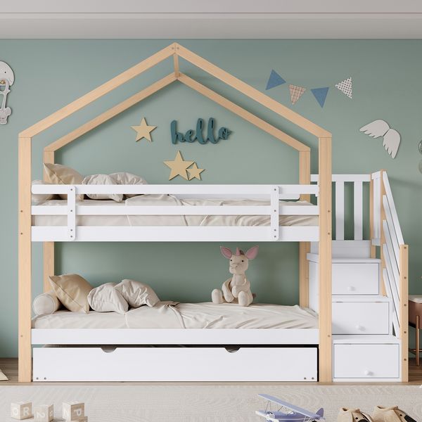 Merax Etagenbett, Ausziehbares Baumhausbett, Schiebebett, Treppe mit 4 Schubladen, Kinderbett mit Absturzsicherung und Kinderbettgitter, mit Lattenroste, Natur+Weiß (90x200cm&90x190cm)