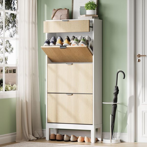 GarveeHome Schuhschrank Mit 3 Klapp-Schubladen, Großer Aufbewahrung Für 12-18 Paar Schuhe, Schmaler Schuhorganizer Im Landhausstil Mit Metallfüßen Für Flur, Eingangsbereich & Wohnung