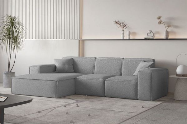 OUTLET Ecksofa Designersofa CELES PREMIUM Stoff Ascot Bukla Grau Ottomane Links