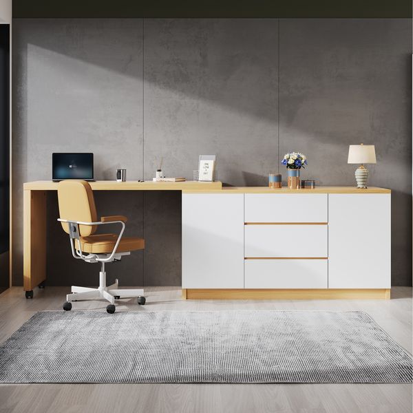 Flieks 360° Schreibtisch mit Sideboard, 120×50×76.5cm, Eckschreibtisch auf Rollen, Computertisch mit 3 Schubladen & 2 Türen, Weiß/Eicheoptik