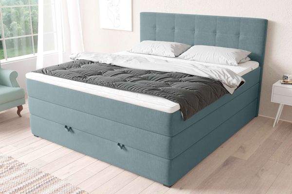 99rooms Madagaskar Boxspringbett Strukturstoff INARI Pastellblau 180x200 cm Bonell-Federung