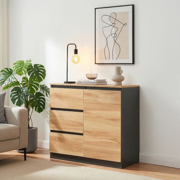 Sideboard Kyr 80x40x75 cm Schwarz/Eicheoptik rustikal [en. casa]