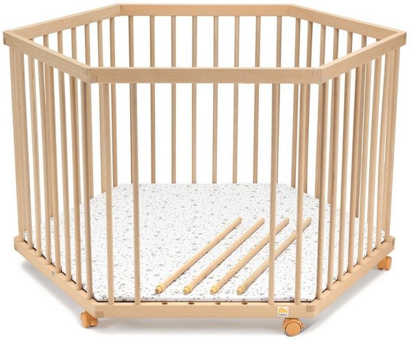 FabiMax Laufgitter 6-eck, Buche massiv, 4 Schlupfsprossen, stufenlos höhenverstellbar, inkl. 6 Parkettrollen