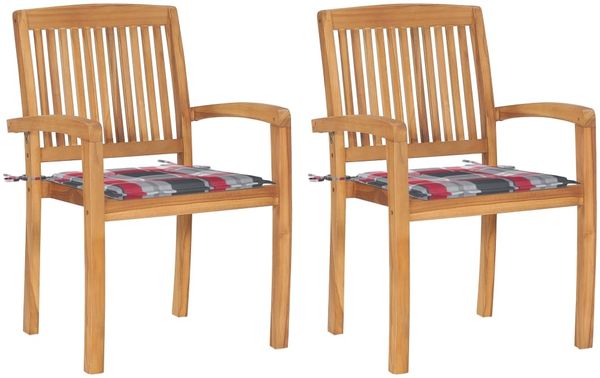 vidaXL Gartenstühle 2 Stk. Rote Karomuster Kissen Massivholz Teak 3063265
