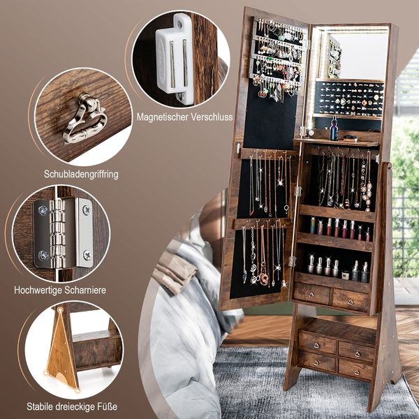 Schmuckschrank mit Spiegel mit Beleuchtung Schmuck Spiegelschrank mit Schubladen Braun