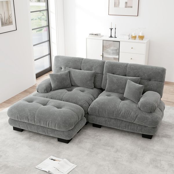 Flieks 2-Sitzer Ecksofa, Modular Cloud Doppelsofa aus Chenille mit 2 Lenden- & 2 Dekokissen, breiten Armlehnen & Ottoman, Grau