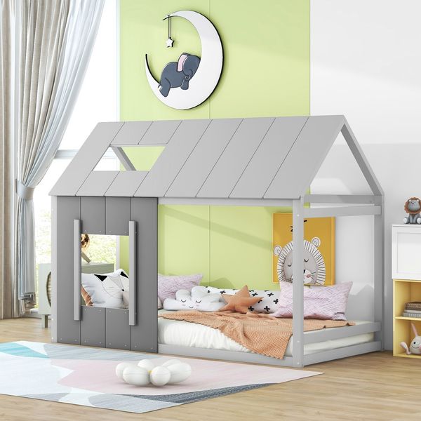 90 x 200 Kinderbett, Kinderbett in Hausform, Einzelhaus-Flachbett mit Dach und Fenster, Dunkelgrau + Hellgrau (ETA:12/8)