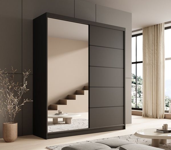 MOEBLO Schiebetürenschrank Nexo 180 (Moderner Kleiderschrank mit Spiegel für Schlafzimmer und Ankleidezimmer, 2 Schiebetüren, 6 Einlegeböden, stabile Kleiderstange, Kleiderschrank 2-türig Schrank Garderobe Schlafzimmer Drehtürenschrank mit Spiegel) (Bx...