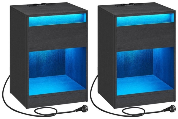 VASAGLE Nachttisch mit einstellbarer LED-Beleuchtung, 2er Set, Beistelltisch mit Steckdosen, Schublade, 2 AC-Steckdosen, 2 USB-Anschlüsse, modern, für Schlafzimmer, Wohnzimmer, aschschwarz