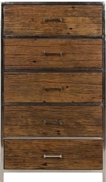 Kommode Leno 60 x 40 x 110 cm Tannen-Holz Natur im Metallrahmen mit 5 Schubladen