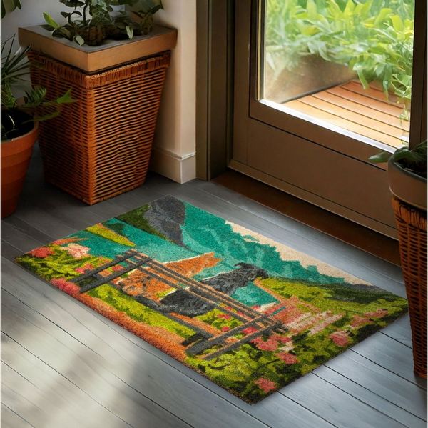 BRUBAKER Fußmatte Hund und Katze auf Bank vor Bergsee mit Blumen - Schmutzfangmatte, Rechteckig, Höhe: 15 mm, Fußmatte für Außen und Innen - Wetterfest und Rutschfest - 45 x 75 cm