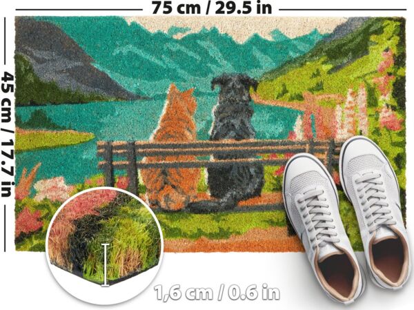 BRUBAKER Fußmatte Hund und Katze auf Bank vor Bergsee mit Blumen - Schmutzfangmatte, Rechteckig, Höhe: 15 mm, Fußmatte für Außen und Innen - Wetterfest und Rutschfest - 45 x 75 cm