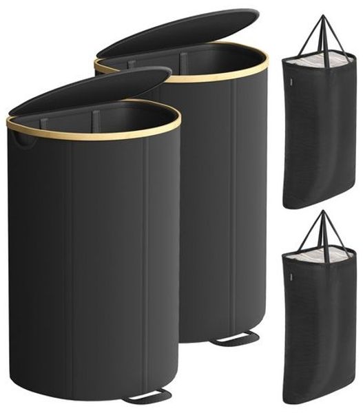 SONGMICS Wäschekorb 2er Set, Wäschesammler, je 90 Liter, Wäschetonne mit Deckel, Wäschesack herausnehmbar, für Waschküche, Schlafzimmer, Wohnzimmer, tintenschwarz-naturbeige