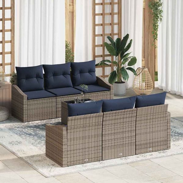 vidaXL Sofa Set mit Kissen 7 pcs Grau und Marineblau Poly-Rattan 3355284