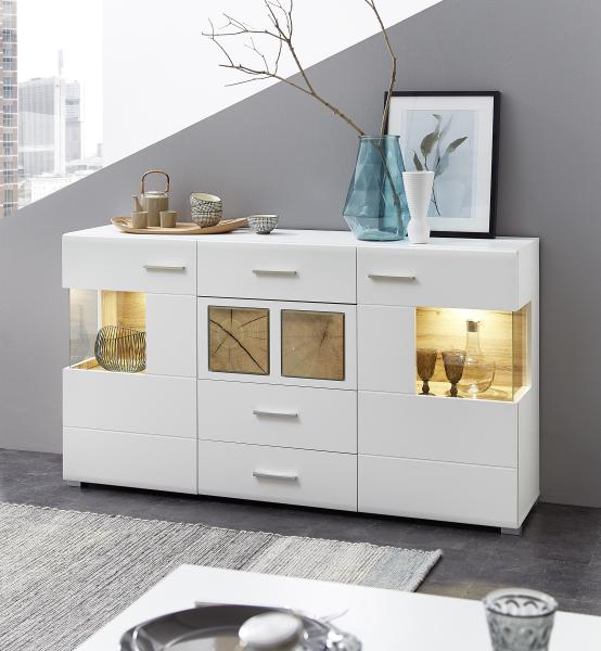 'FUN PLUS' Sideboard mit LED Weiß / Eiche Altholz Nb. Dekor