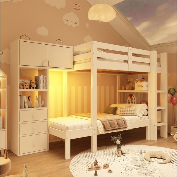 Flieks Etagenbett, Kinderbett 90x200 cm mit intelligentem Nachtlicht, Schrank und Regal
