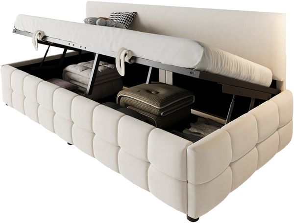 Polsterbett 90×200 cm mit hydraulischem Bettkasten und Rückenlehne, Samt Beige Bild 7