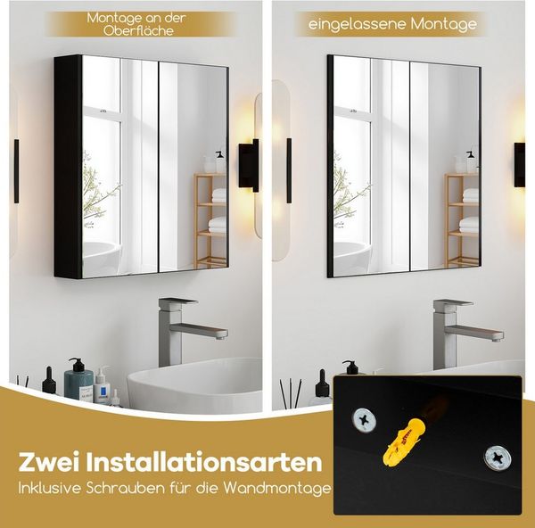 COSTWAY Spiegelschrank Bad Hängeschrank mit Spiegel Holz 62x11,5x65cm