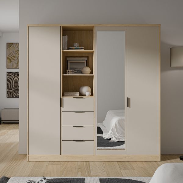 Forte FORTASTA Kleiderschrank 200 210, moderner Schrank, 3-türig, 4 Schubladen, offene Ablage, Wohn-/Schlafzimmer, Puccini Eiche Holzdekor|Kaschmir Beige, 207,5 cm breit x 212,7 cm hoch x 52,7 cm tief