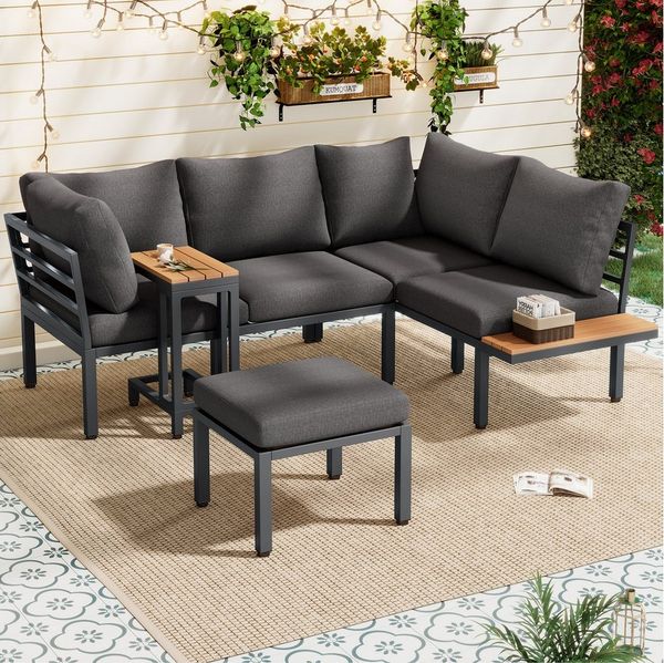 Celya Gartenlounge-Set Gartenlounges, Gartenmöbel Set 4 Personen mit Sofa, (verzinktes Stahlrohr, Tischplatte aus Kunststoffholz, geeignet für Balkon und Garten, grau + schwarz), Sofa + Beistelltisch + Couchtisch