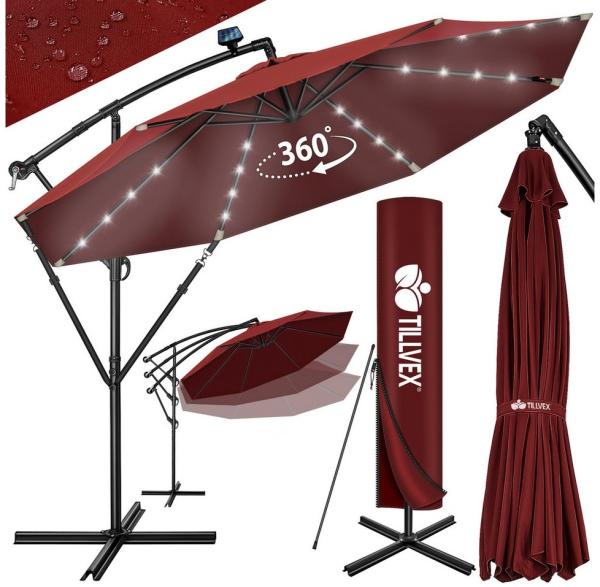 tillvex Alu Ampelschirm Rot LED Solar Ø 300 cm mit Kurbel | Sonnenschirm mit An-/Ausschalter | Gartenschirm UV-Schutz Aluminium | Kurbelschirm mit Ständer Marktschirm wasserdicht