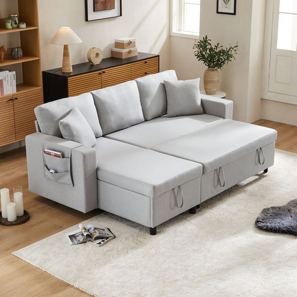 Merax Schlafsofa mit Schlaffunktion, L-förmiges Sofa, moderne Design-Polstermöbel, Sofa-Chaiselongue mit Stauraum, mit Taschenbecherhalter, Wohnzimmer-Schlafsofa, links und rechts austauschbare Chaiselongue, hellgrau