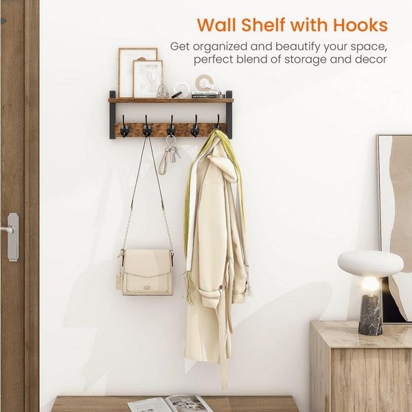 SURFOU Wandhaken Wandhaken mit Regal – Garderobenleiste Holz mit 5 Haken, Wandgarderobe, (Wandmontiertes Garderobenpaneel aus Holz & Metall (braun/schwarz) – Für Flur, Kinderzimmer & Bad, inkl. Montagematerial, 1-St, 41,5 cm Garderobe, Schlüsselbrett, ...
