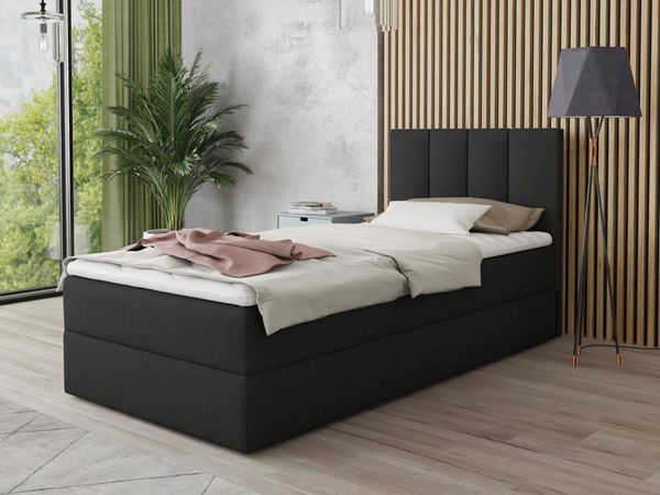 Boxspringbett Star Mini mit Bettkasten, Bonell-Matratze und Topper - Einzelbett mit Matratzentopper, Polsterbett, Bett, Schlafzimmer, Jugendzimmer (Schwarz (Inari 100), 80 x 200 cm)