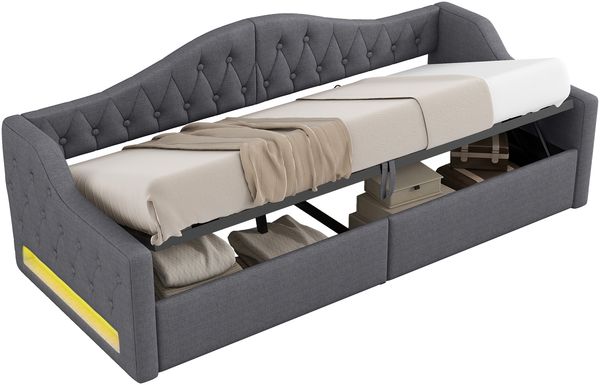 Gepolstertes 90x200 Tagesbett mit LED-Gürtel und Stauraum darunter, Grau