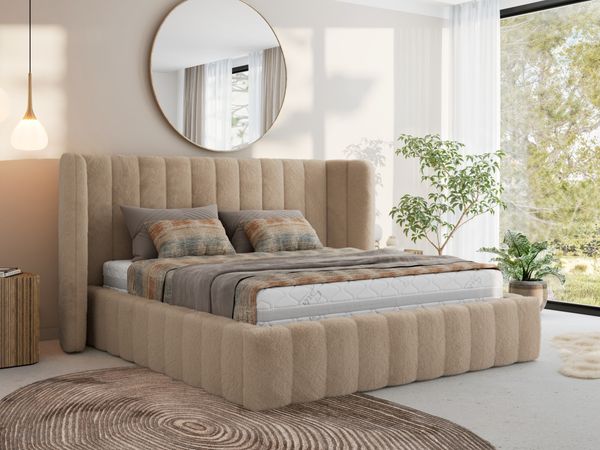 Polsterbett GOLETTA CLASSIC 140 x 200 cm mit gepolstertem Kopfteil, stabilem Bettrahmen, Lattenrost und Bettkasten mit Gasdruckfedern, Doppelbett, zeitloses Design Multipocket Matratze Matratze - Beige Plüsch - ELORI LUX