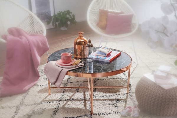 Wohnling Design Couchtisch Marmor Optik Schwarz - Rund Ø82,5 cm mit Kupfer Metallgestell Bild 6