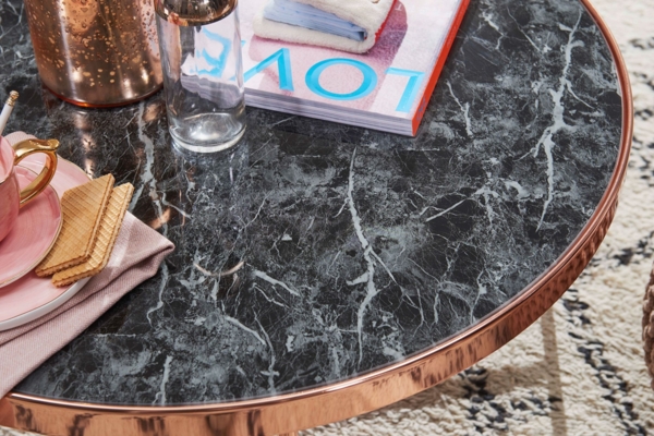 Wohnling Design Couchtisch Marmor Optik Schwarz - Rund Ø82,5 cm mit Kupfer Metallgestell Bild 10