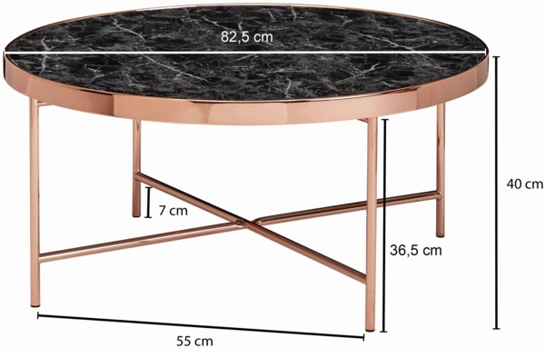 Wohnling Design Couchtisch Marmor Optik Schwarz - Rund Ø82,5 cm mit Kupfer Metallgestell Bild 8