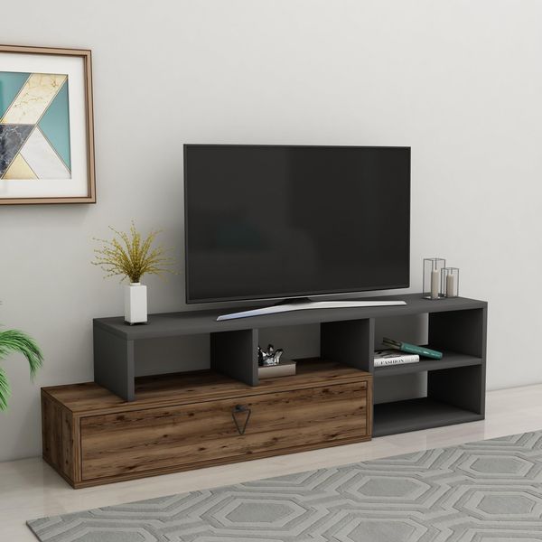 Hanah Home Stylish TV Stand, Light Walnut & Anthracite, 100% Melamine Coated Particle Board, 18mm Thick | 120 x 27.5 x 38 cm & 86 x 29.6 x 20 cm | Modern Design for Living Room