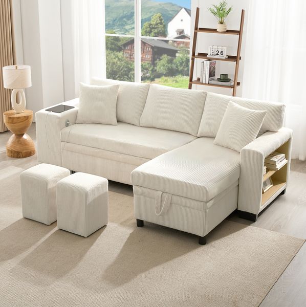 Schlafsofa Cord mit Stauraum & USB-Anschluss, 231x131,5x84 cm, Beige