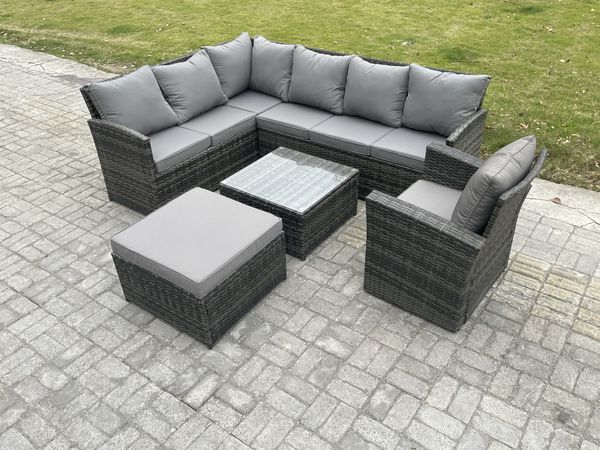 Fimous 8 Sitzer Rattan Gartenmöbel Set Ecksofa Set aus Polyrattan mit Quadratischer Couchtisch Großer Fußhocker Sesseln Dunkelgrau gemischt