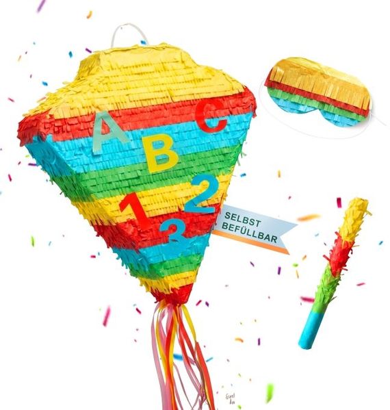 Relaxdays Pinata Set Schultüte mit Stab und Maske