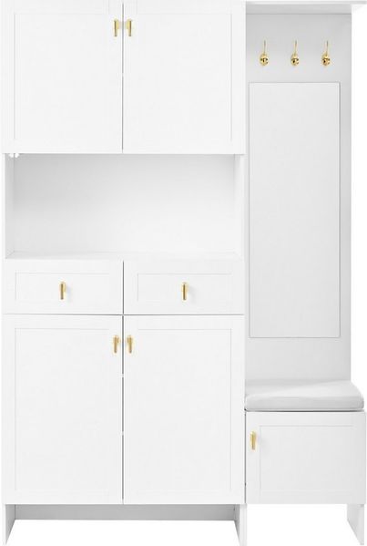 KLAM HOME Garderoben-Set 120x33.5x180cm, Wandgarderobe mit Schuhbank & Spiegel, (LED-Beleuchtung, 5 Türen, 3 Haken & 2 Schubladen), Spanplatte, Kippsicherung & Stauraum