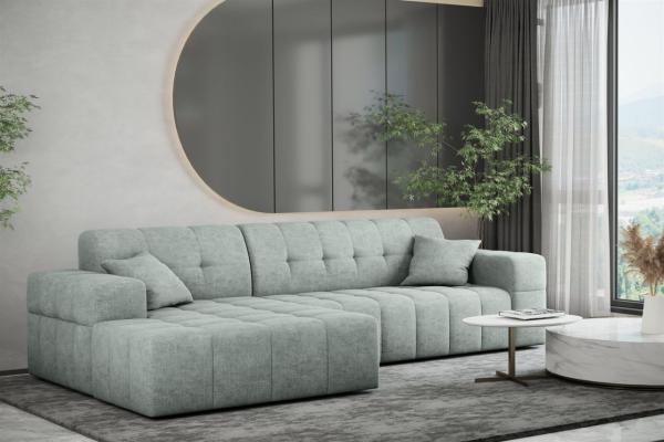 Ecksofa Designersofa NANCY in Stoff Perfekt Harmony Eisblau Ottomane Links