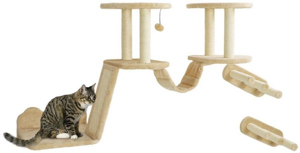 PawHut Katzen-Kletterwand 3-teilig Katzenmöbel mit Kratzbaum, Sitzstangen, Leiter, Stufen, für Katzen bis 5 kg, Sisal, Beige