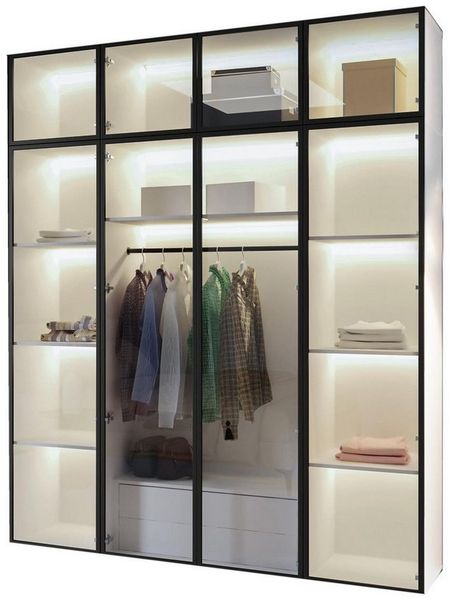 Compleo Drehtürenschrank mit Glasfront, Pefekt Garderobe, LED-Beleuchtung STELLS Kleiderschrank mit Aufsatz und Schubladen