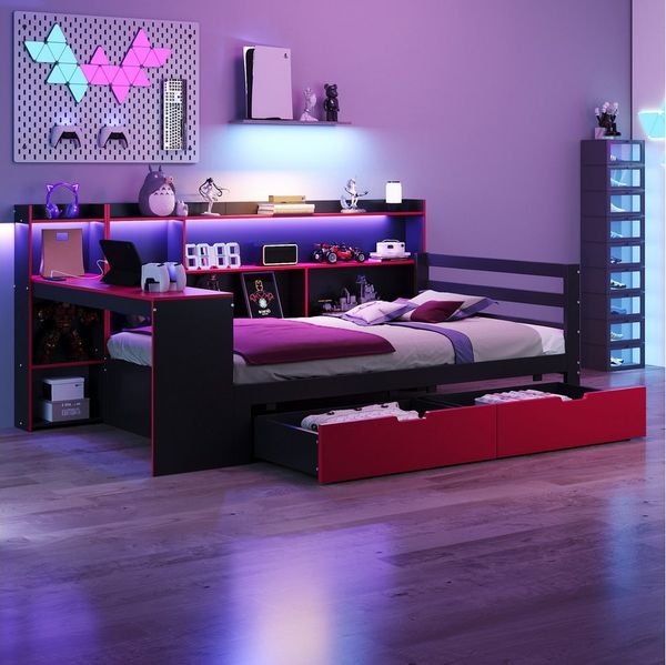 REDOM Schlafsofa Kinderbett Funktionsbett, mit Schreibtisch, LED-Beleuchtung und Stauraum 90x200 cm, ohne Matratze