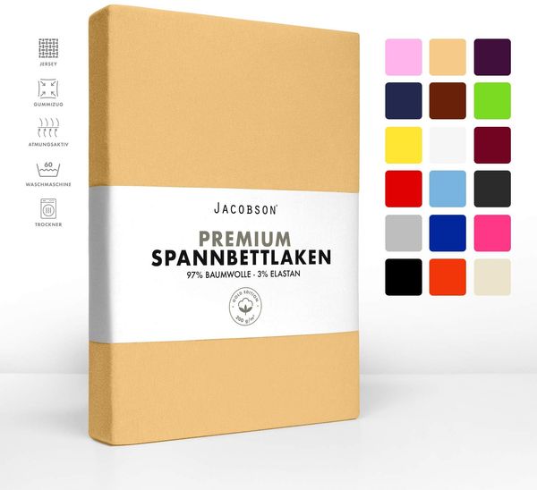 Jacobson Jersey Spannbettlaken Spannbetttuch Baumwolle Bettlaken (Premium 200x220 cm, Beige)