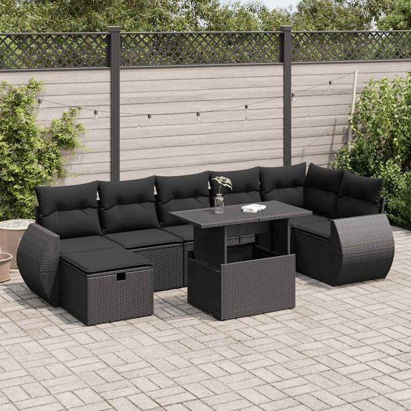 vidaXL 8-tlg. Garten-Sofagarnitur mit Kissen Schwarz Poly Rattan 3327905